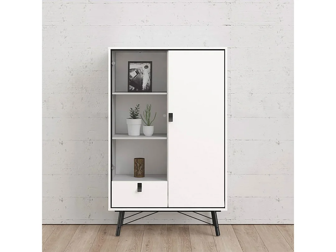 Rye Armoire vitrine, 1 porte vitrée, 1 porte, 1 tiroir, blanc mat.