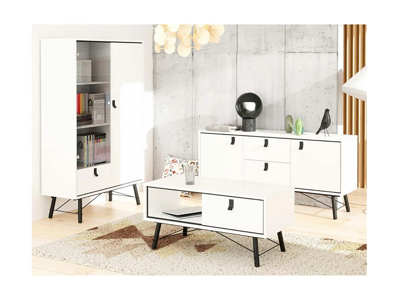 Rye Armoire vitrine, 1 porte vitrée, 1 porte, 1 tiroir, blanc mat.