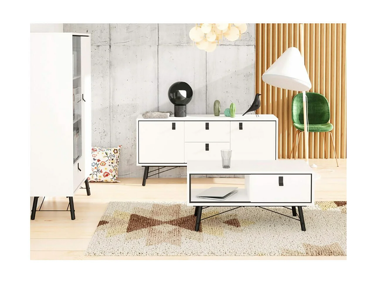 Rye Armoire vitrine, 1 porte vitrée, 1 porte, 1 tiroir, blanc mat.