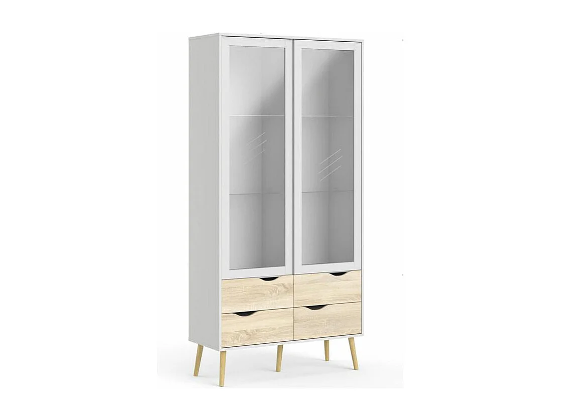 Napoli Vitrine avec 2 portes et 4 tiroirs blanc/chêne décor/chêne massif.