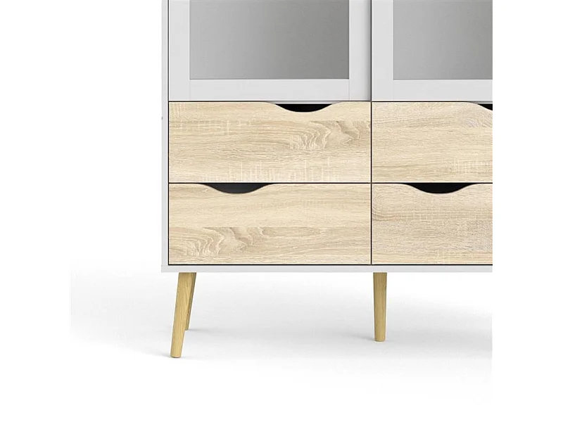 Napoli Vitrine avec 2 portes et 4 tiroirs blanc/chêne décor/chêne massif.