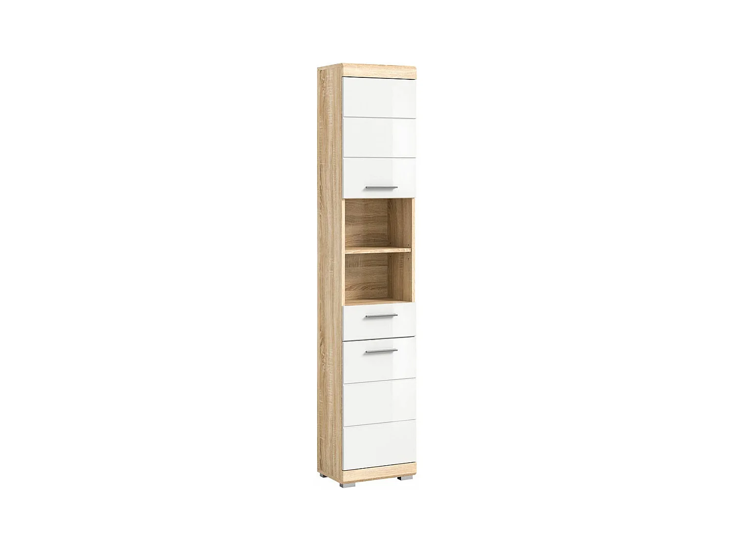 Lambada armoire haute pour salle de bain 2 portes, 1 tiroir, 2 tablettes  brillant blanc,chêne décor.