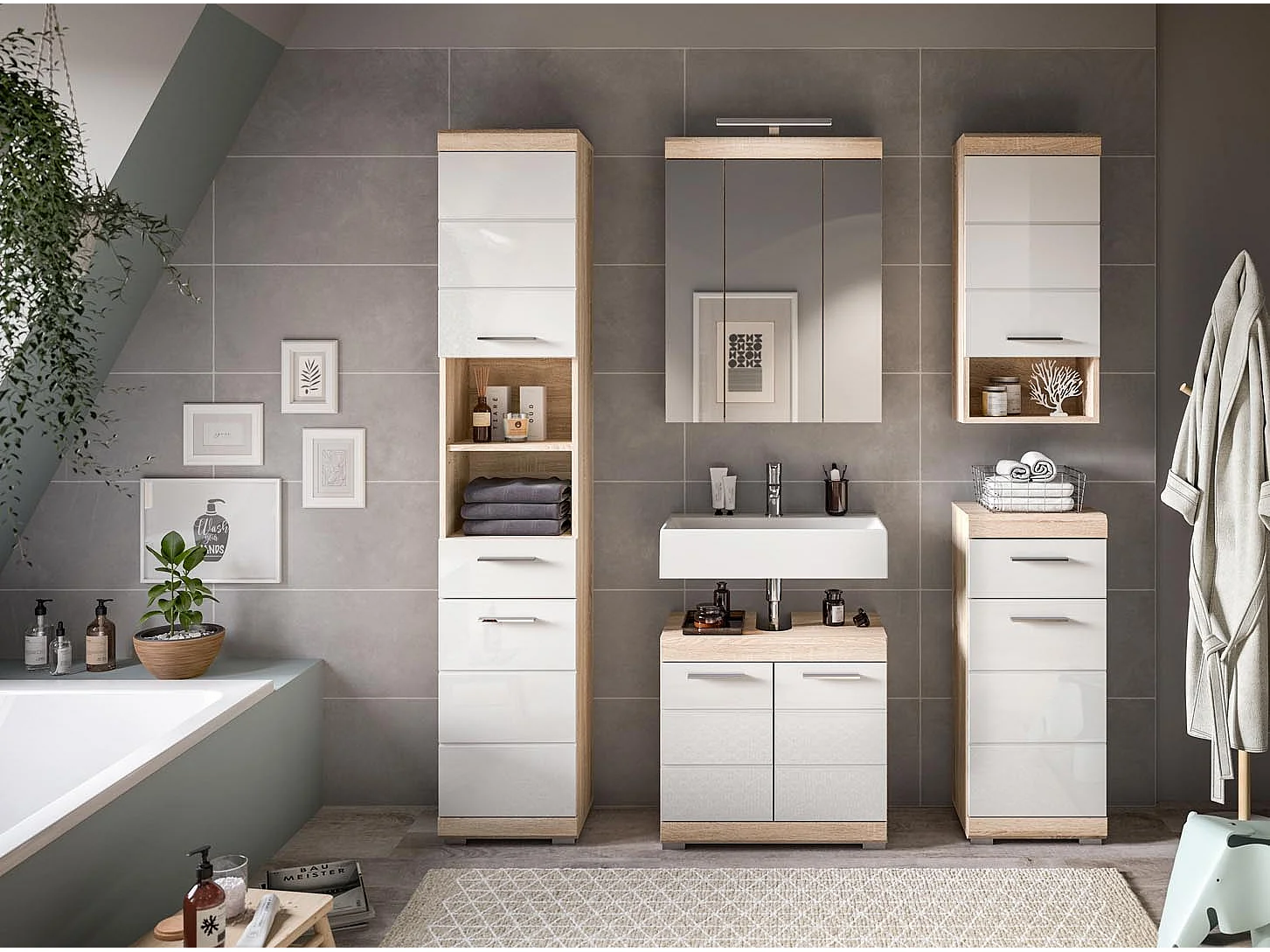 Lambada armoire haute pour salle de bain 2 portes, 1 tiroir, 2 tablettes  brillant blanc,chêne décor.