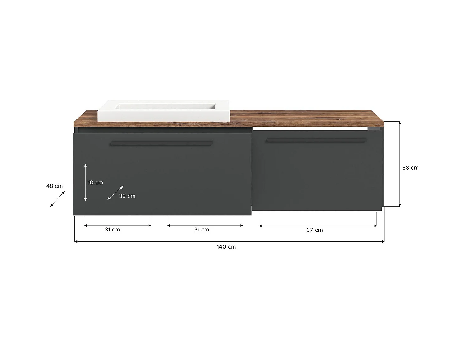 Ramon wastafel 140cm 2 laden grijs,eik decor.