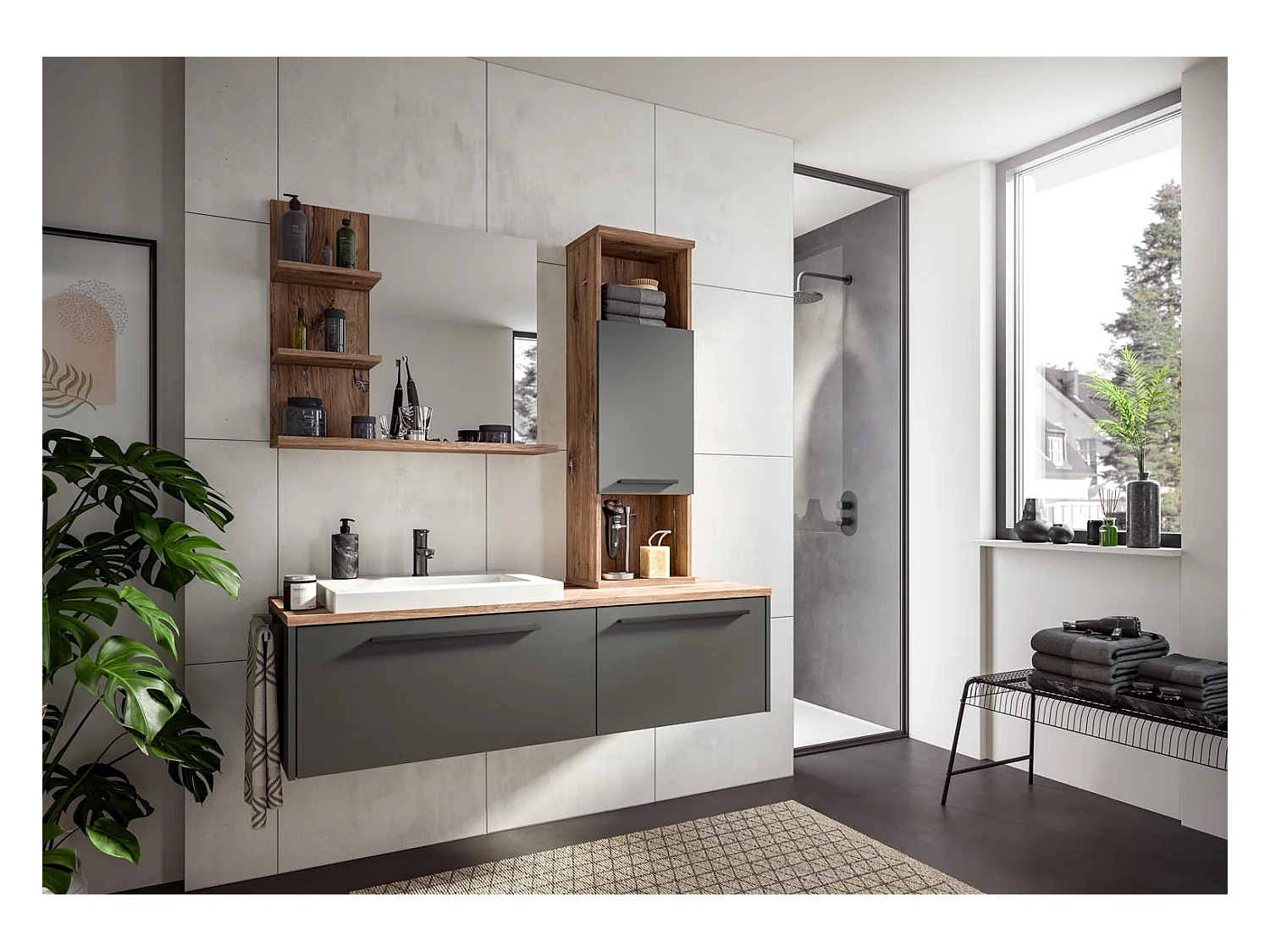 Ramon meuble sous lavabo 140cm 2 tiroirs gris,chêne décor.