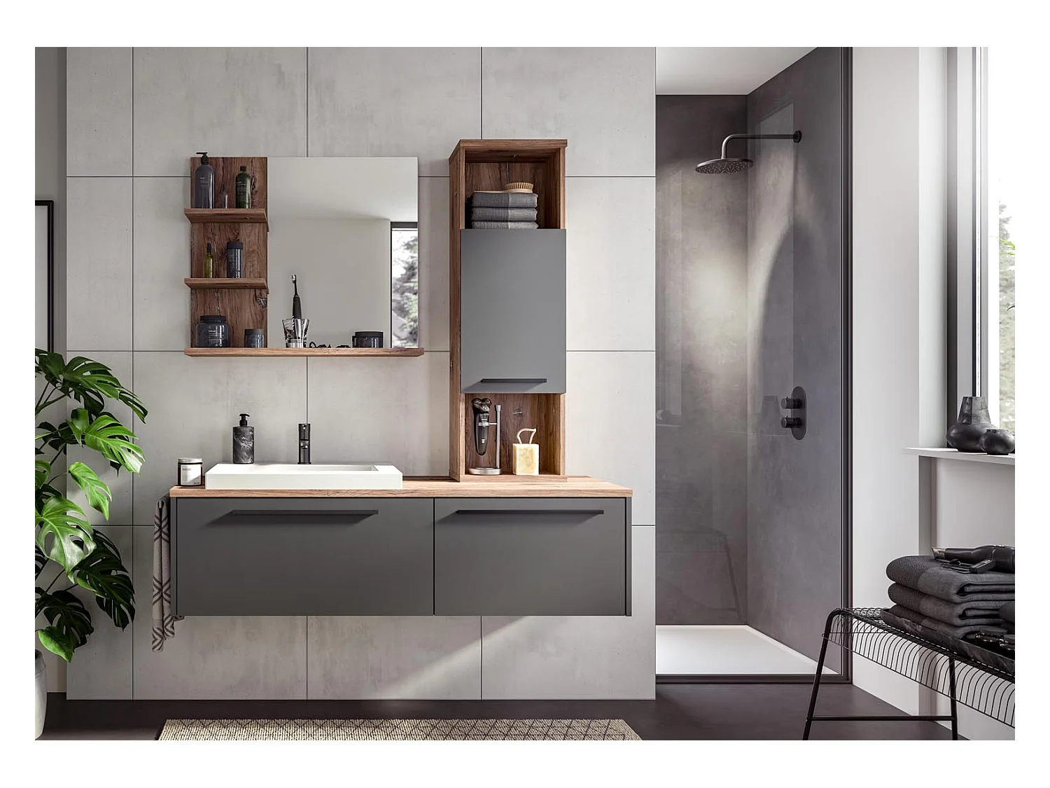 Ramon meuble sous lavabo 140cm 2 tiroirs gris,chêne décor.