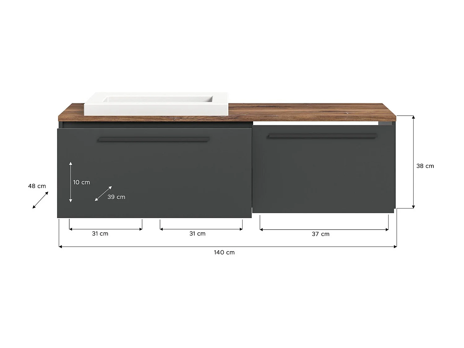 Ramon wastafel 140cm 2 laden grijs,eik decor.