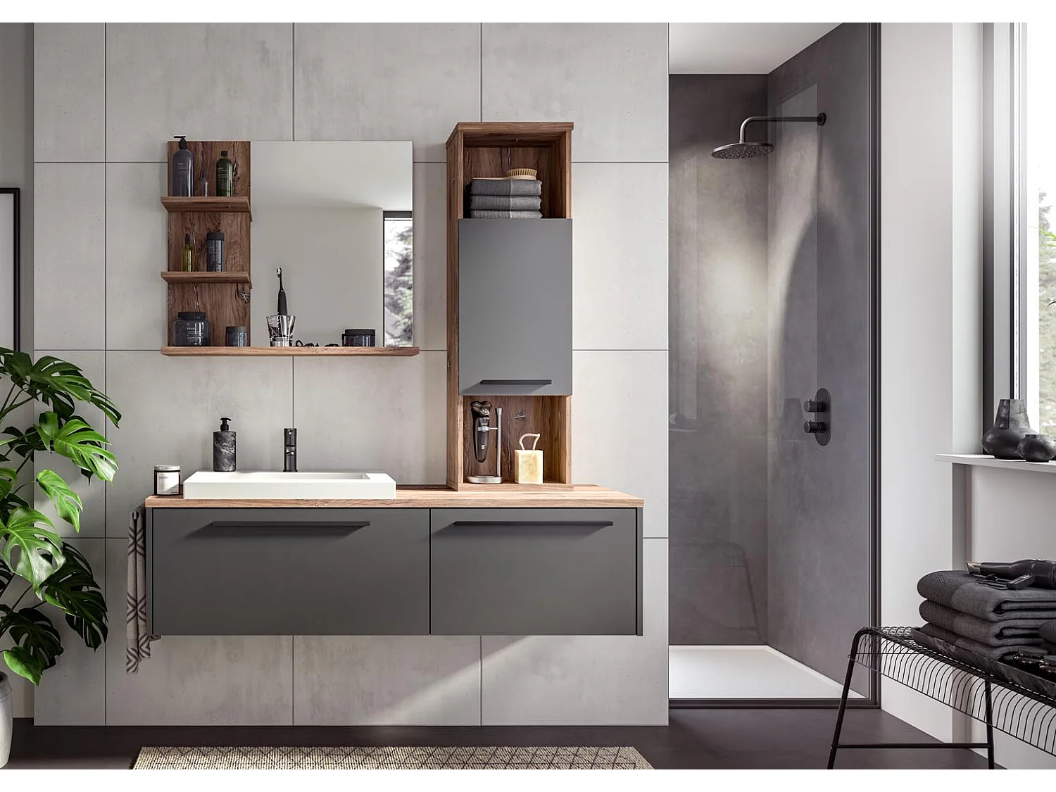 Ramon wastafel 140cm 2 laden grijs,eik decor.