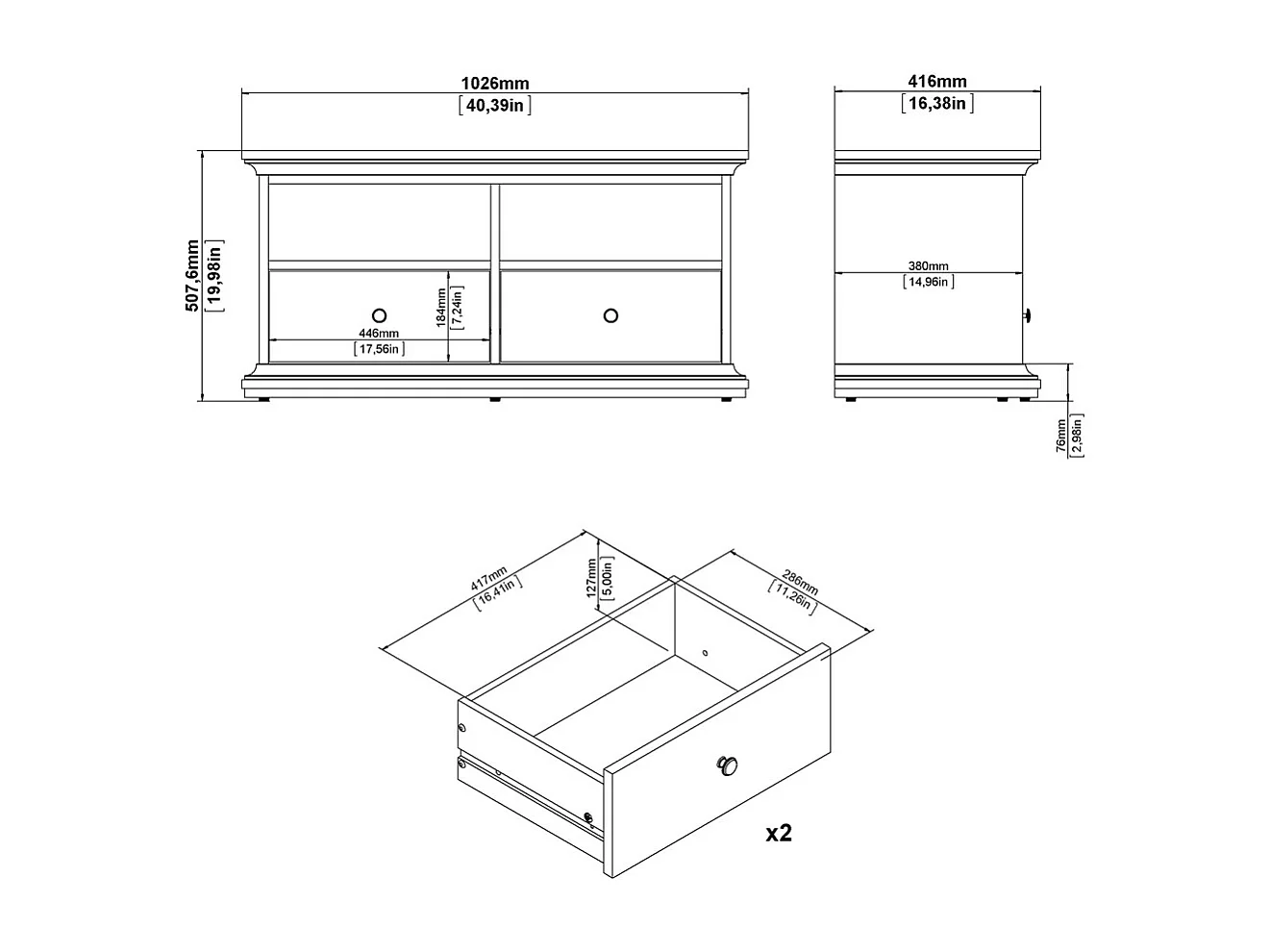 Venedig TV Tisch 2 Schubladen und 2 Fächer matt grau.