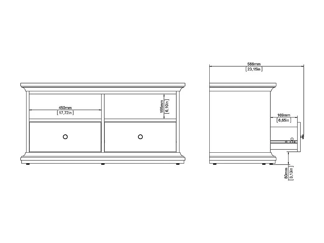 Venedig TV Tisch 2 Schubladen und 2 Fächer matt grau.