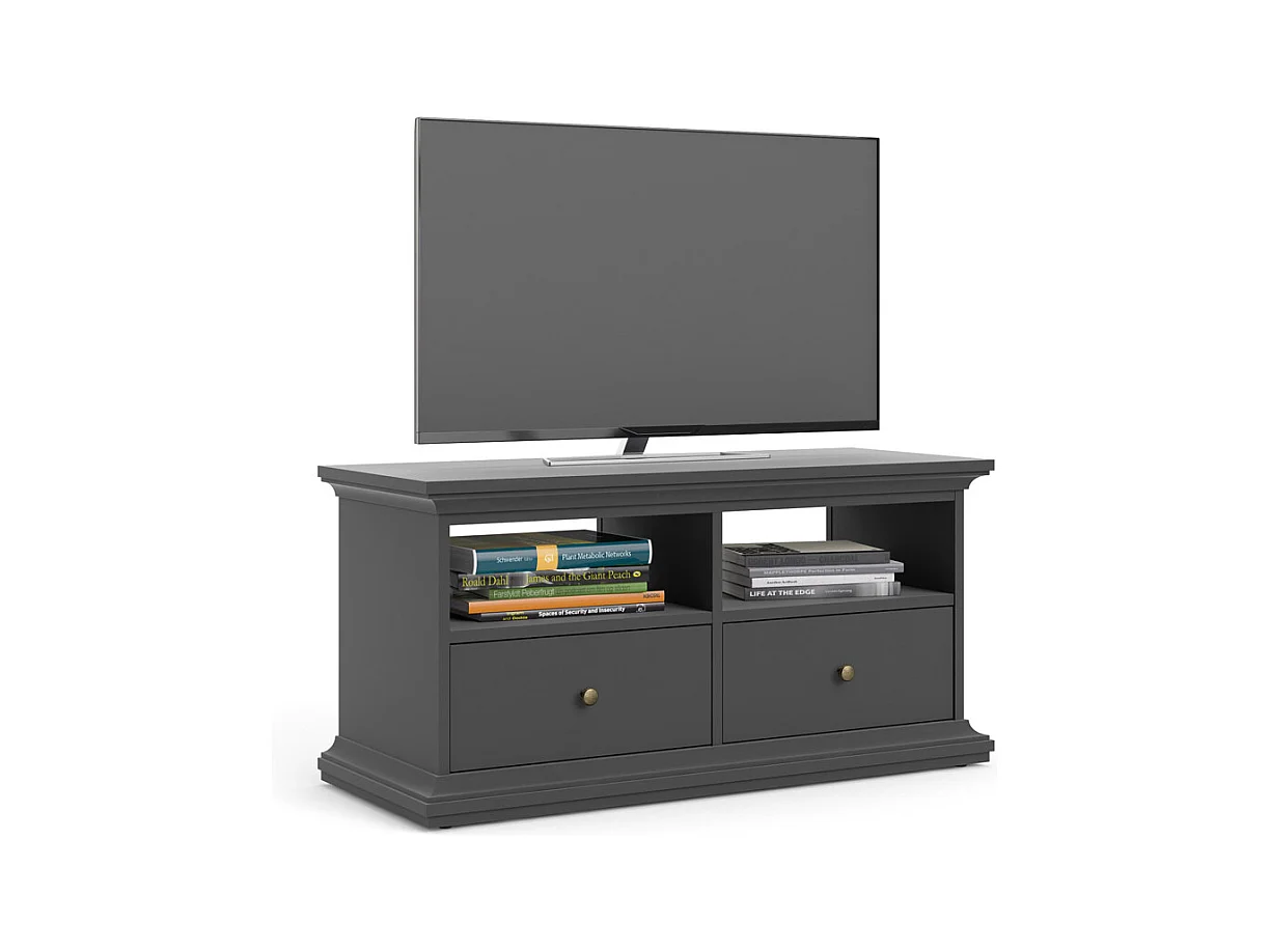 Venedig Meuble TV 2 tiroirs et 2 espaces de rangement, gris mat.