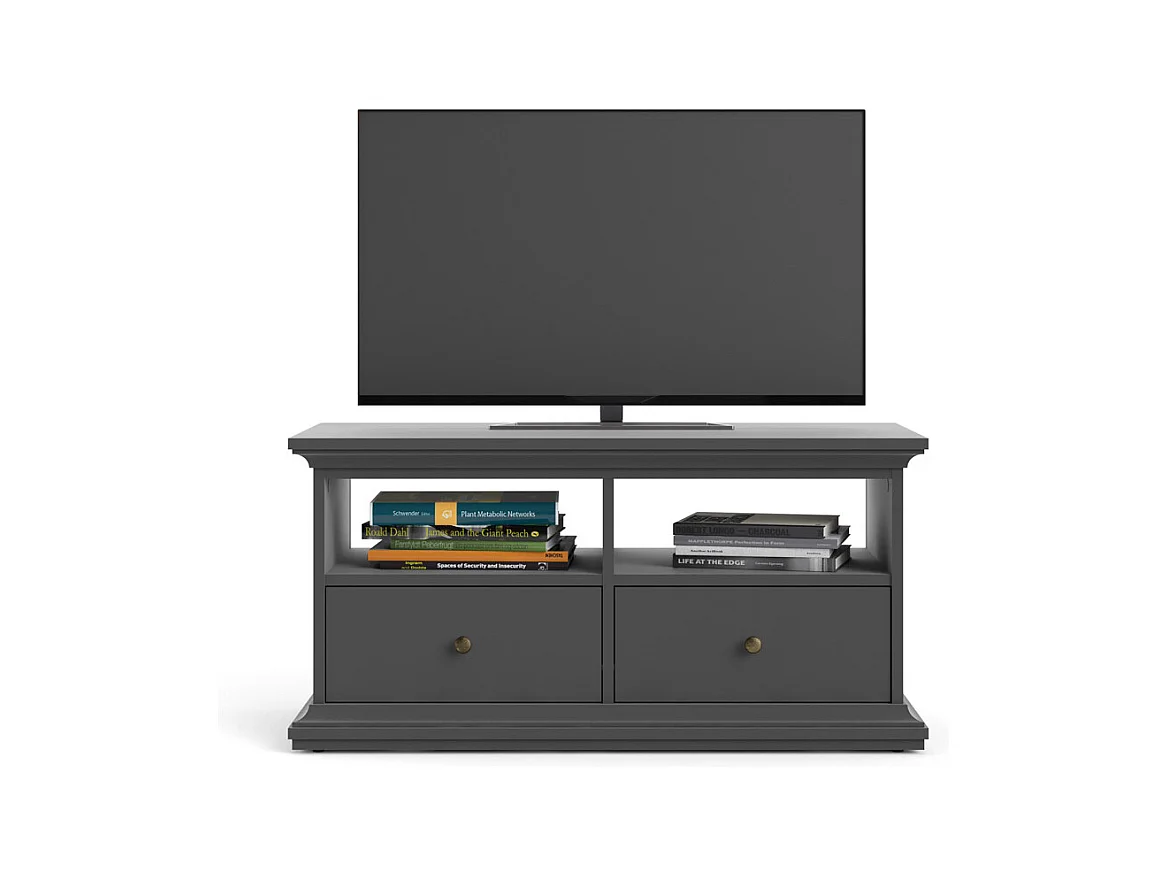 Venedig Meuble TV 2 tiroirs et 2 espaces de rangement, gris mat.