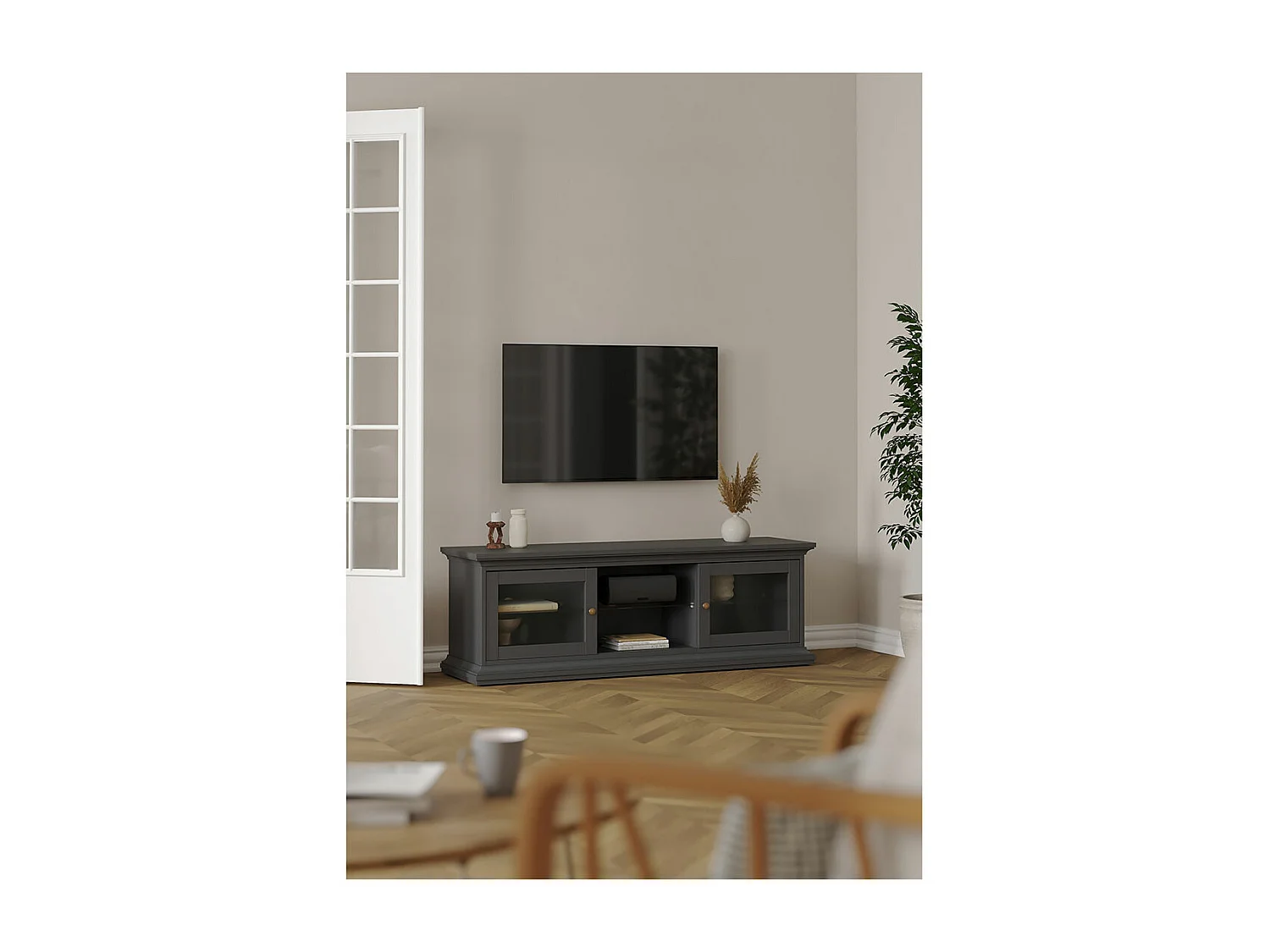 Venedig TV-meubel 2 glazen deuren en 1 glazen legger mat grijs.