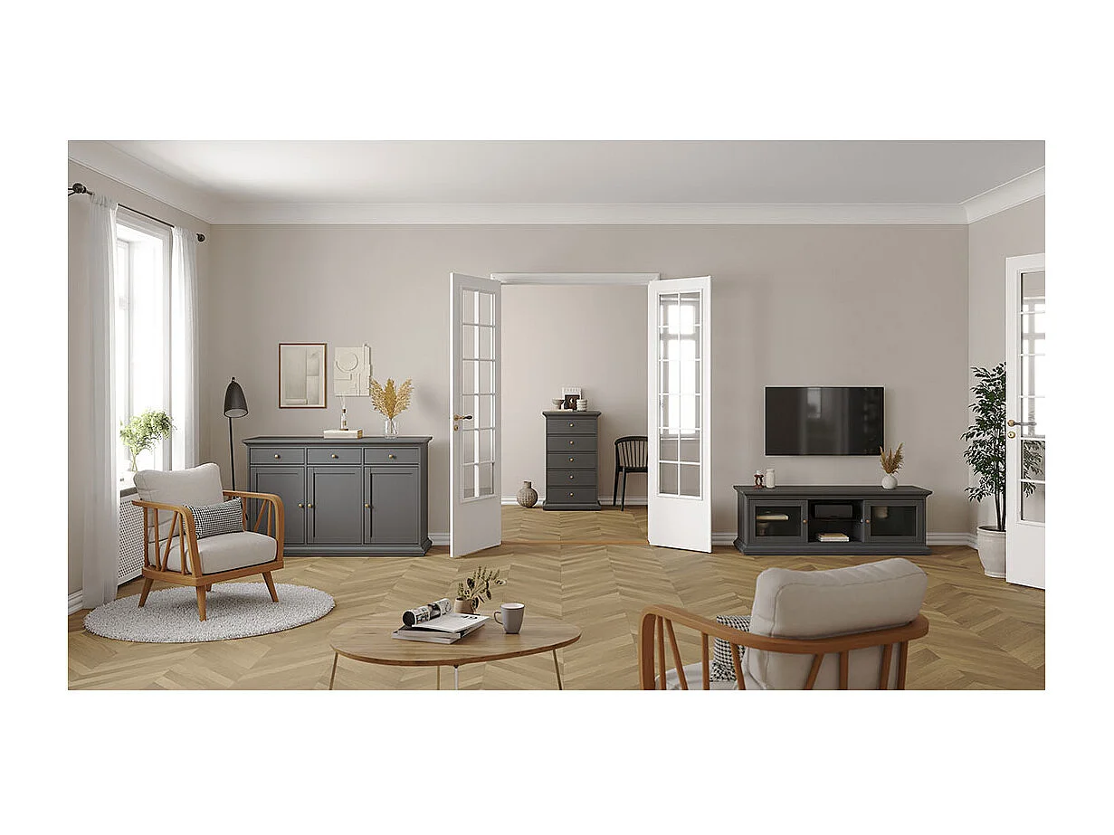 Venedig TV-meubel 2 glazen deuren en 1 glazen legger mat grijs.