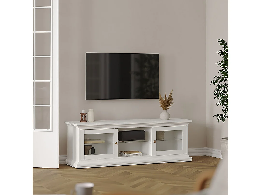 Venedig TV Tisch 2 Glastüren und 1 Glasboden weiß.