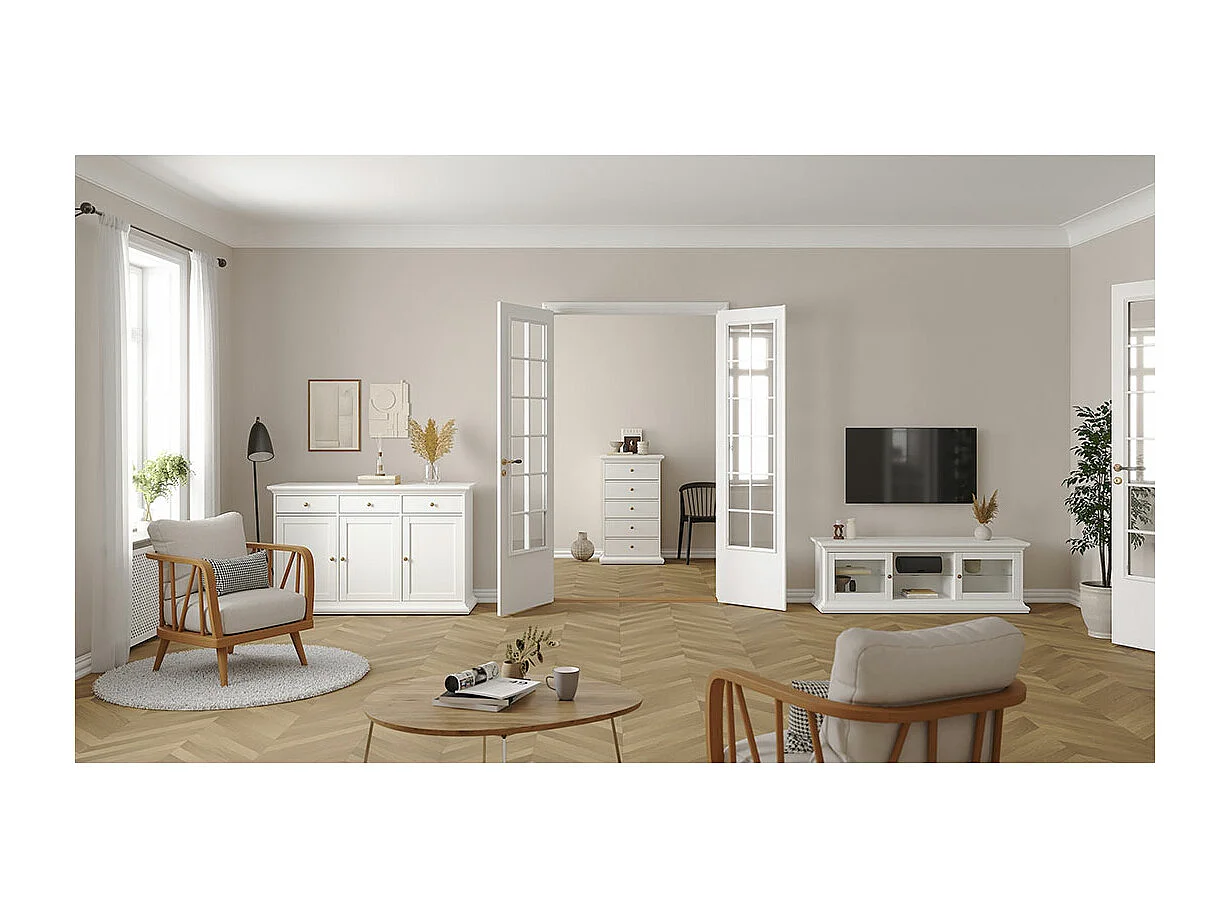 Venedig TV Tisch 2 Glastüren und 1 Glasboden weiß.