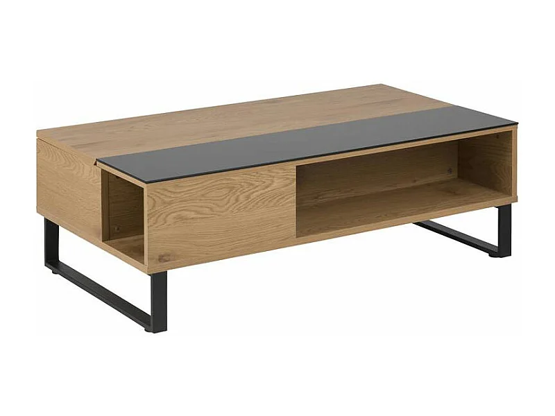 Allan Couchtisch mit Hebe/Senkefunktion und Aufbewahrung in Eiche Furnier und schwarzen Glas.