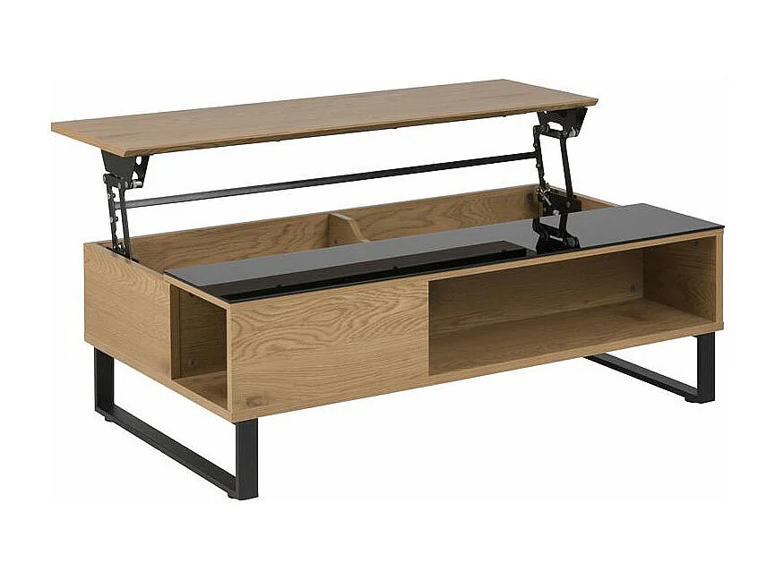 Allan Couchtisch mit Hebe/Senkefunktion und Aufbewahrung in Eiche Furnier und schwarzen Glas.