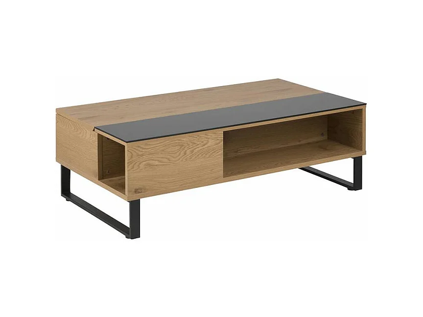 Allan Table basse relevable avec espace de rangement, plaqué chêne et verre noir.