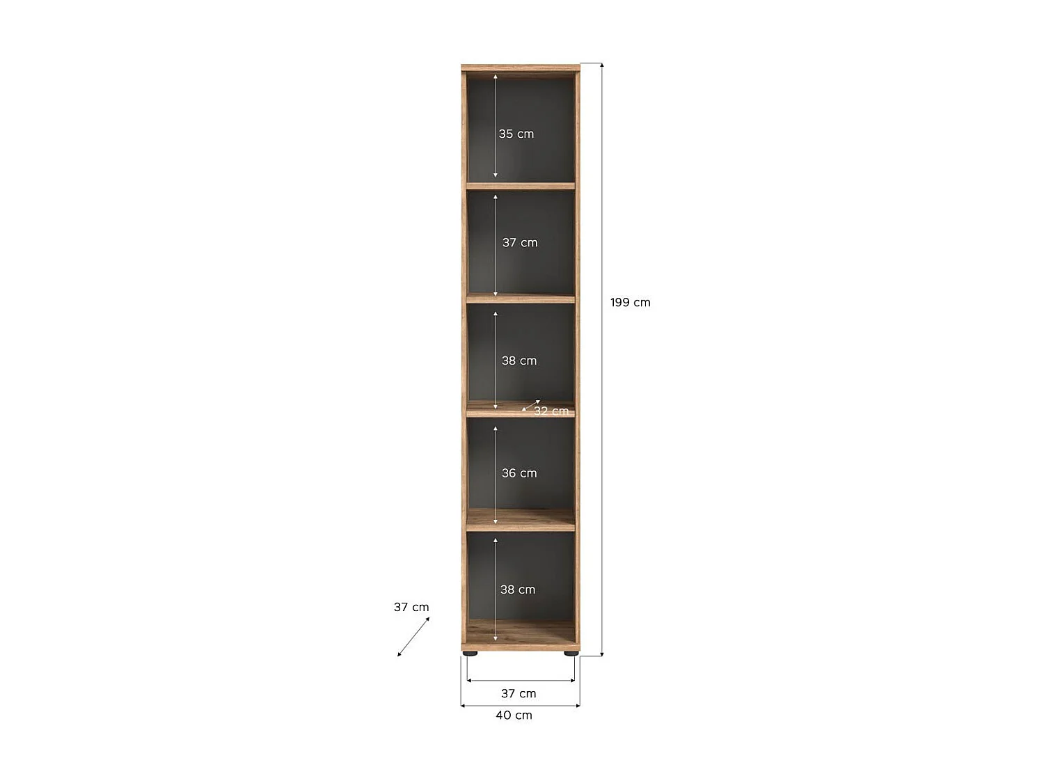 Mason kantoor wandkast 40cm 4 planken grijs,eik decor.