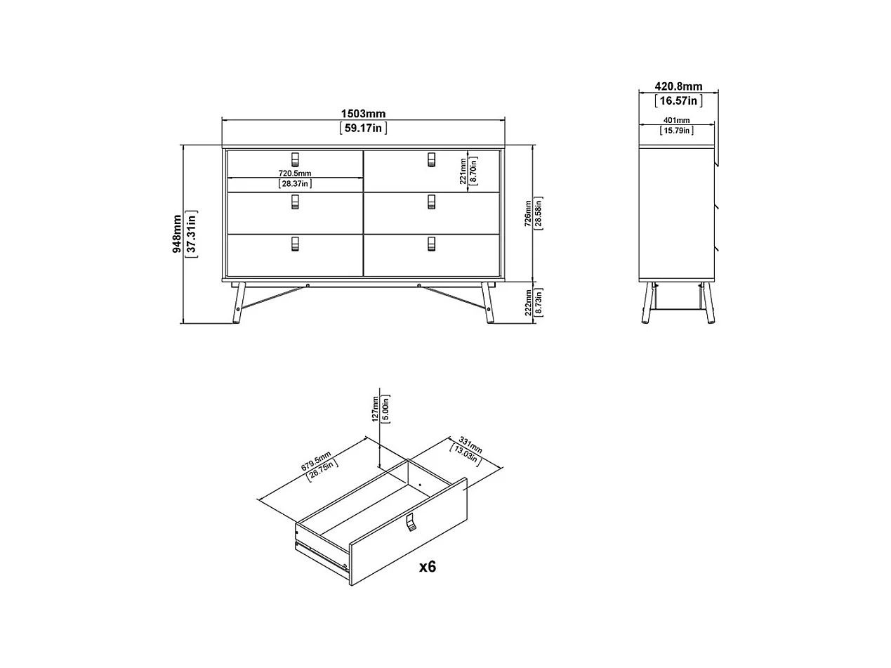 Rye Commode large 6 tiroirs, blanc mat.