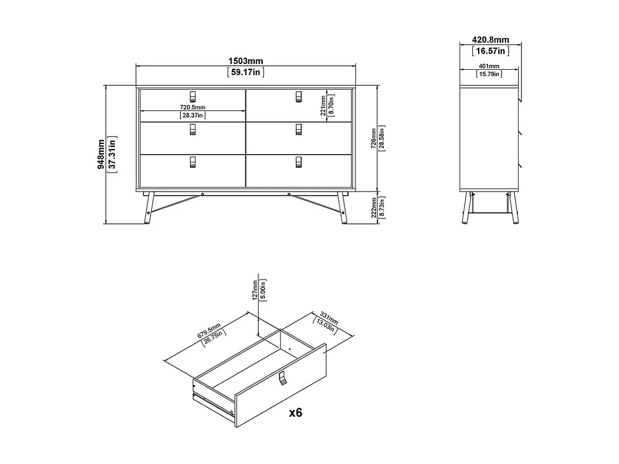 Rye Commode large 6 tiroirs, blanc mat.