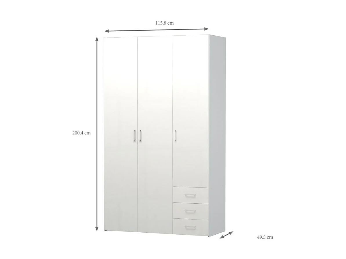 Spell Kleiderschrank 3 Türen und 3 Schubladen. Weiss Hochglanz.