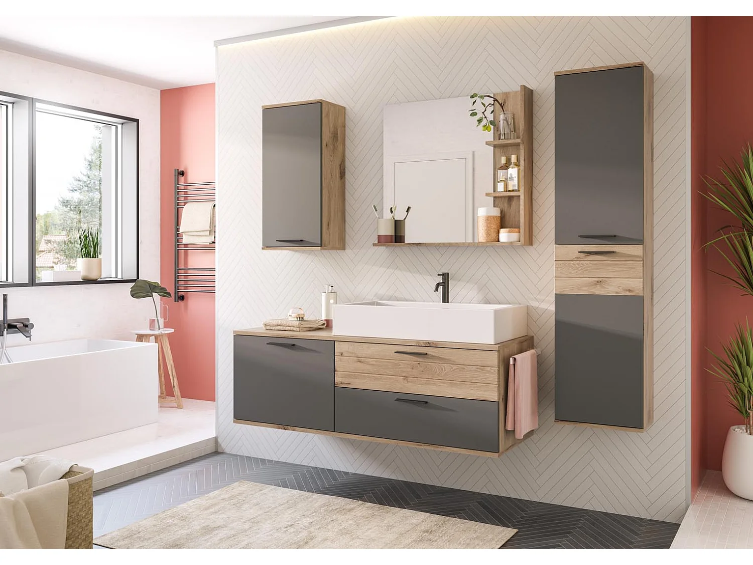 Vasca da bagno Mason sospesa, 1 anta, grigia, decori in rovere.