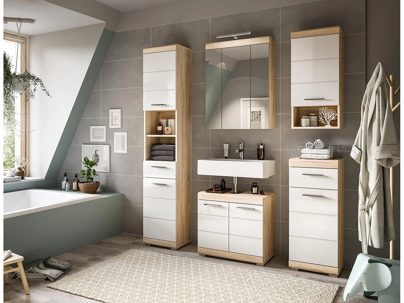 Lambada Badschrank 1 Tür, 1 Schublade Hochglanz weiß,Eiche dekor.