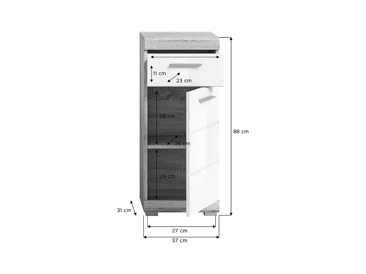 Lambada armoire de salle de bain 1 porte, 1 tiroir brillant blanc,chêne décor.