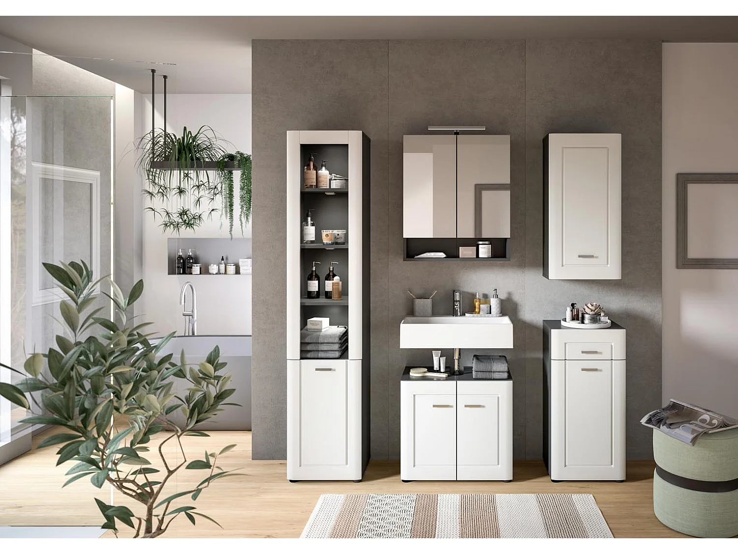 Lago Badschrank wandhängend 1 Tür matt weiß,grau.