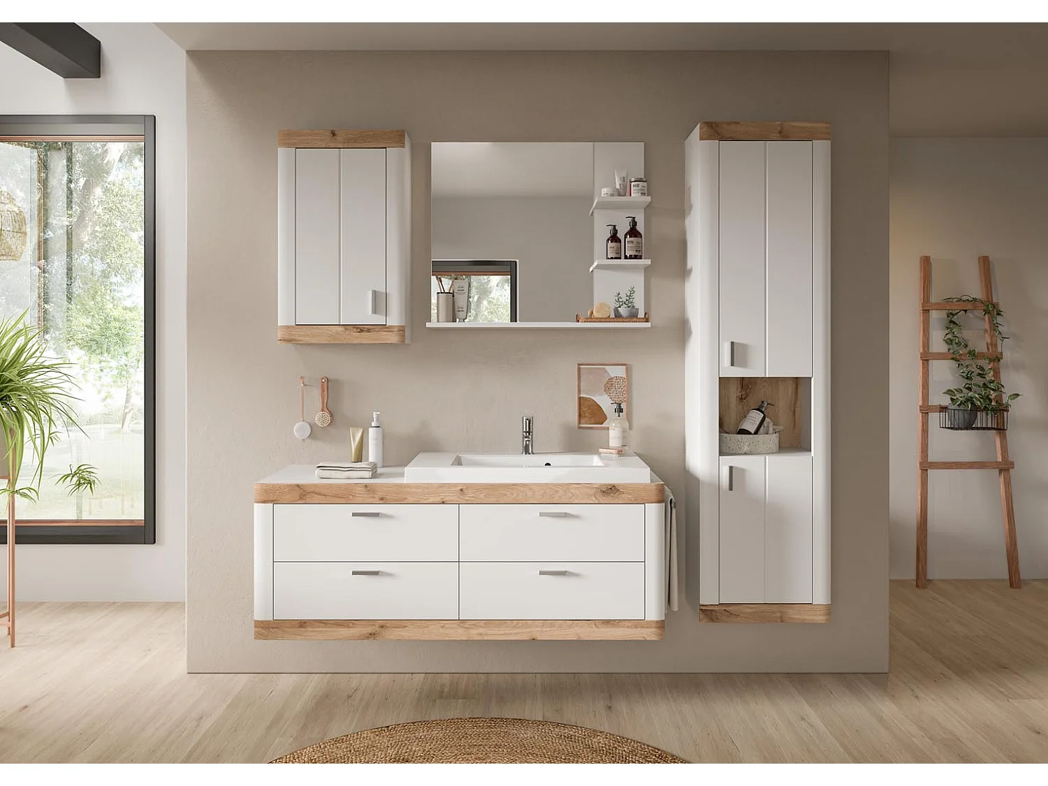 Laredo Badschrank wandhängend 1 Tür matt weiß,Eiche dekor,weiß.