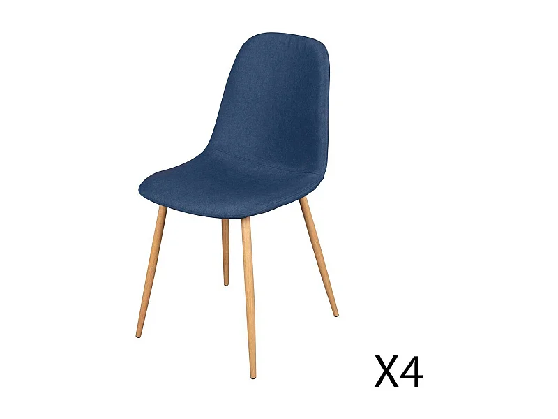 Lote de 4 sillas de tela azul con patas de metal efecto madera – 45x87x54 cm, altura del asiento 49 cm – Colección NORDICA