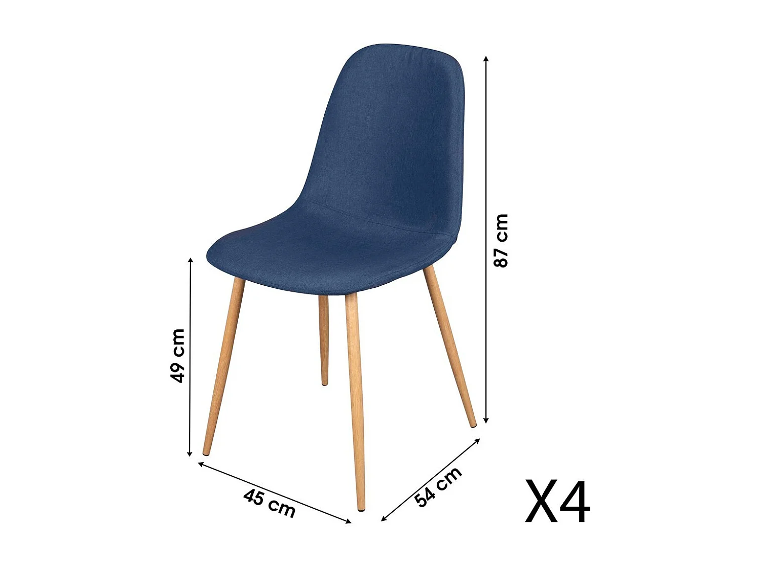 Lot de 4 chaises en tissu bleu avec pieds en métal effet bois – 45x87x54 cm, hauteur d'assise 49 cm – Collection NORDICA