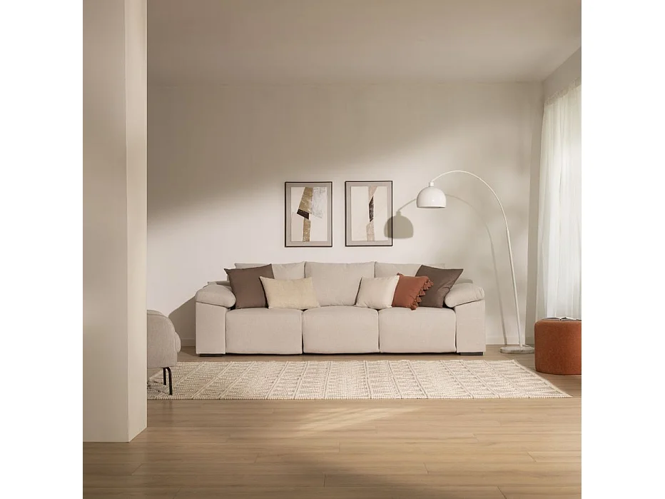 Canapé Bruni Beige 4 places en tissu et velours avec sièges extensibles et coussins déhoussables