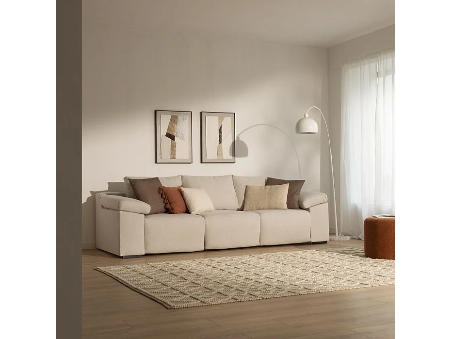 Canapé Bruni Beige 4 places en tissu et velours avec sièges extensibles et coussins déhoussables