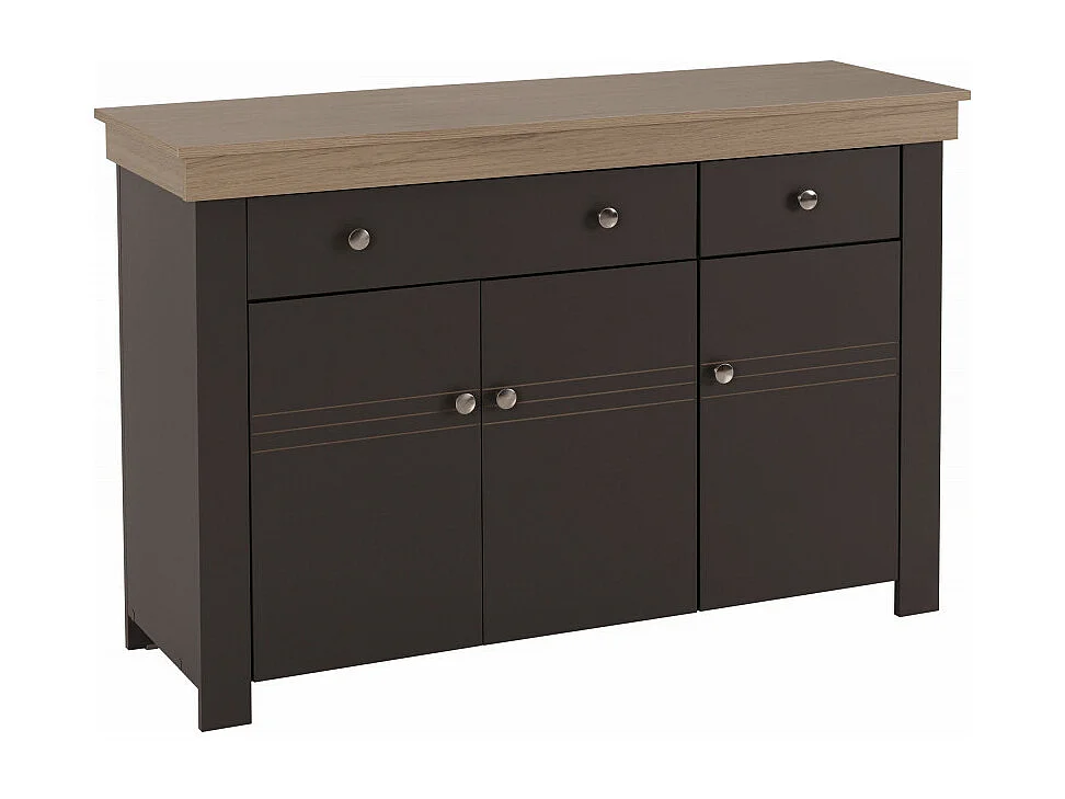 Buffet Bas 3 Portes 2 Tiroirs Chêne et Gris Corniche L 122 P 81.3 P 39.7 cm