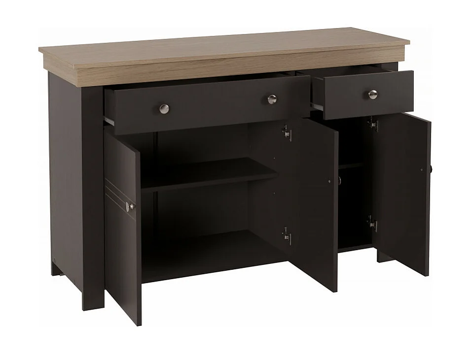 Buffet Bas 3 Portes 2 Tiroirs Chêne et Gris Corniche L 122 P 81.3 P 39.7 cm