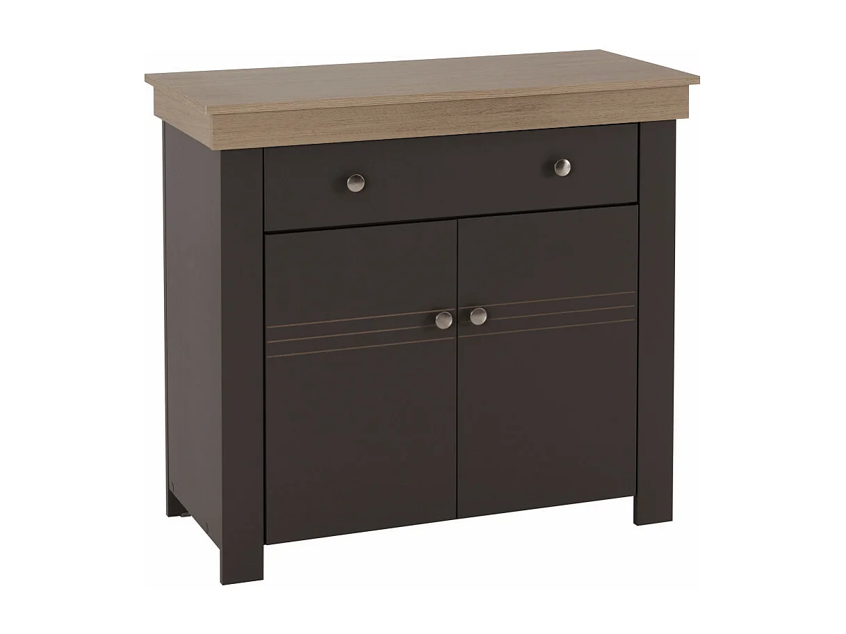 Buffet Bas 2 Portes 1 Tiroir Chêne et Gris Corniche L 88 H 81.5 P 39.7 cm