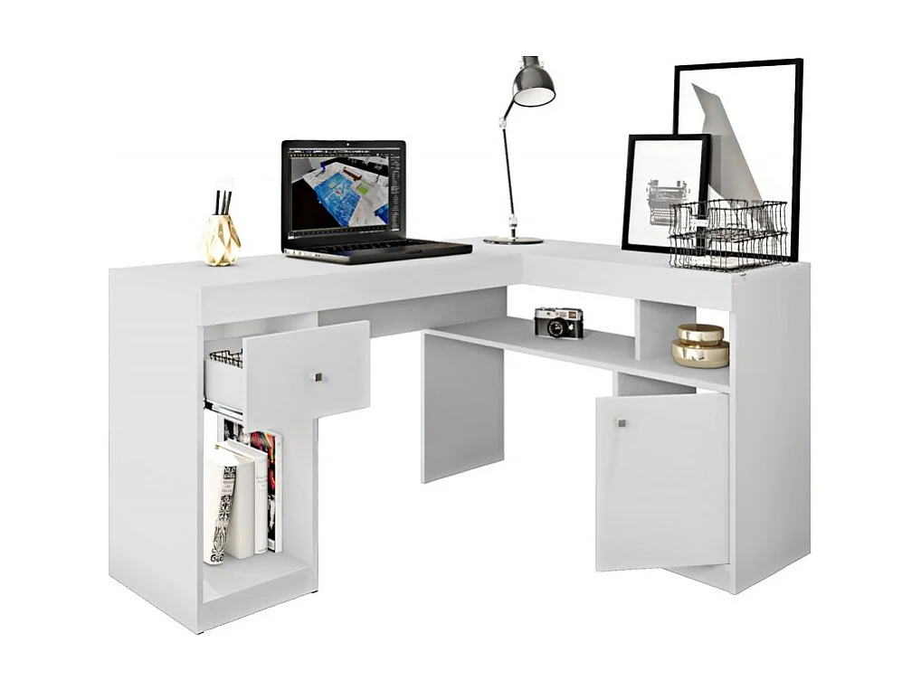 Bureau d'Angle Blanc avec Caisson et Rangements L 137.2 H 75.5 P 111.6 cm