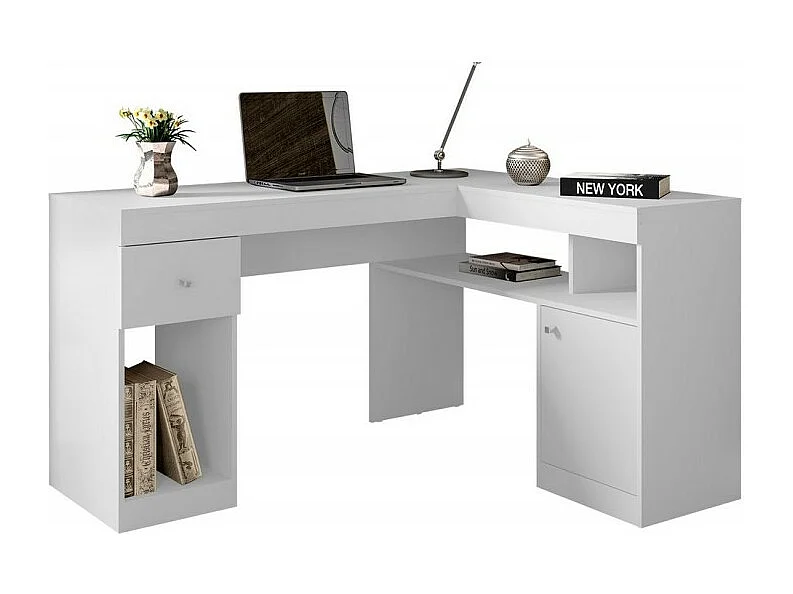 Bureau d'Angle Blanc avec Caisson et Rangements L 137.2 H 75.5 P 111.6 cm