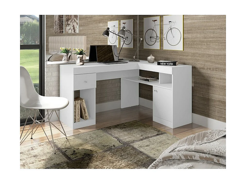 Bureau d'Angle Blanc avec Caisson et Rangements L 137.2 H 75.5 P 111.6 cm