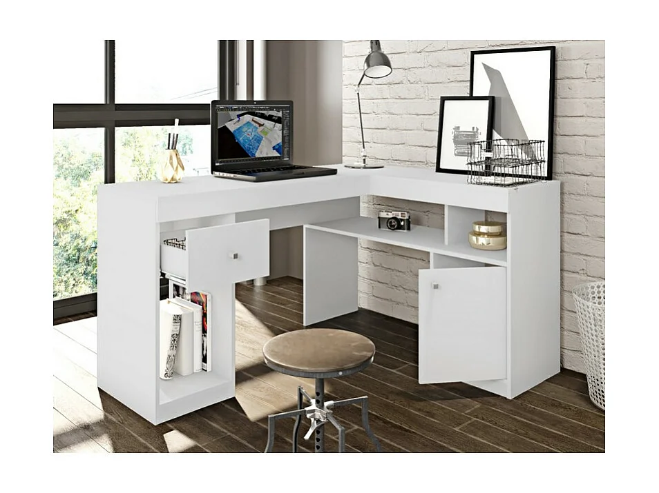 Bureau d'Angle Blanc avec Caisson et Rangements L 137.2 H 75.5 P 111.6 cm
