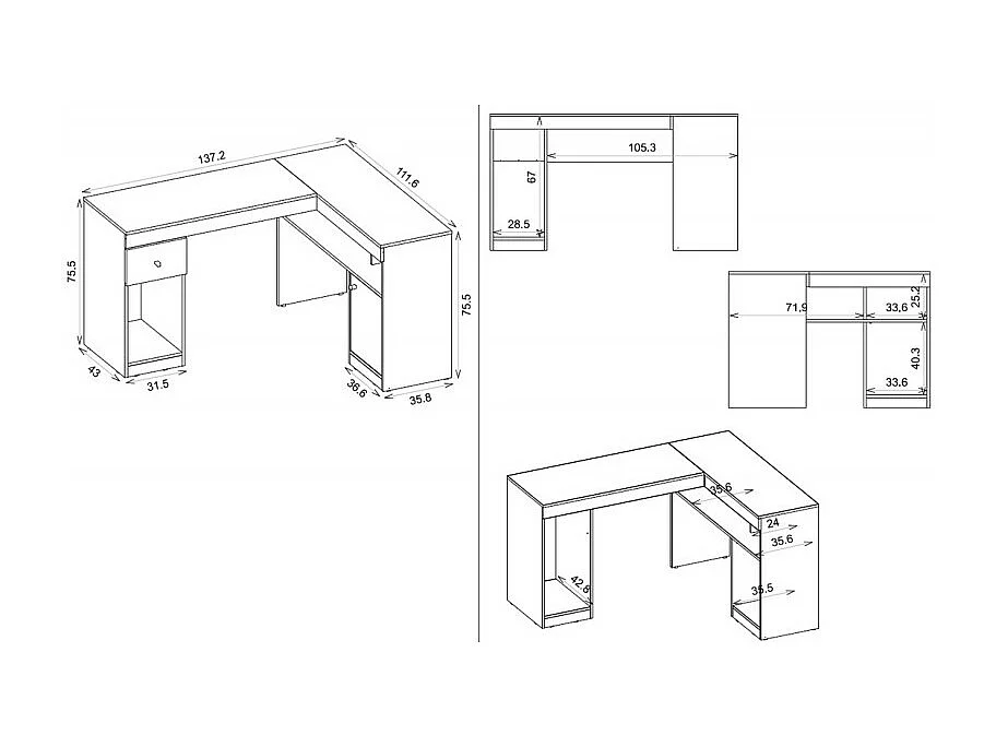 Bureau d'Angle Blanc avec Caisson et Rangements L 137.2 H 75.5 P 111.6 cm