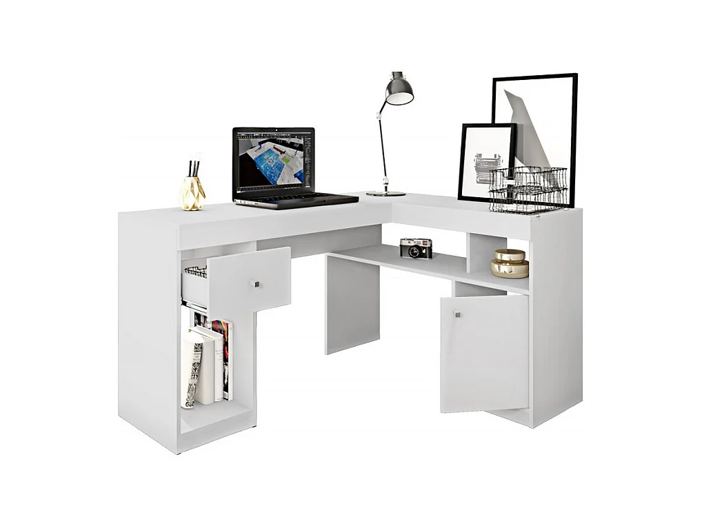 Bureau d'Angle Blanc avec Caisson et Rangements L 137.2 H 75.5 P 111.6 cm