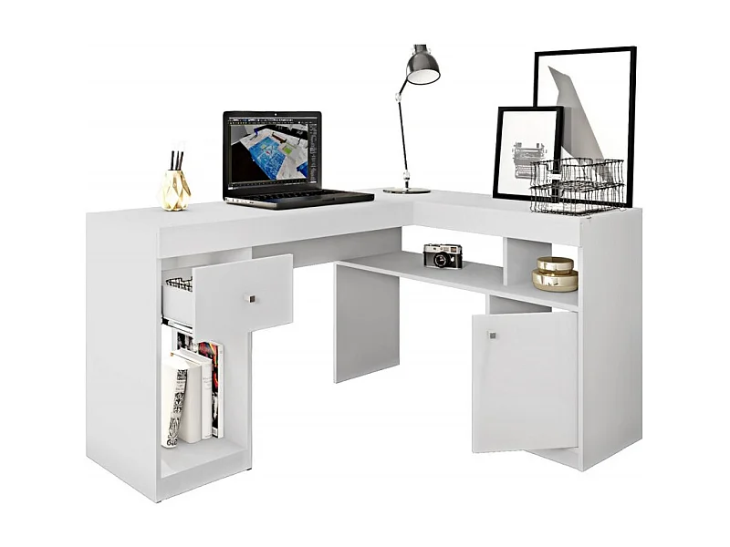 Bureau d'Angle Blanc avec Caisson et Rangements L 137.2 H 75.5 P 111.6 cm