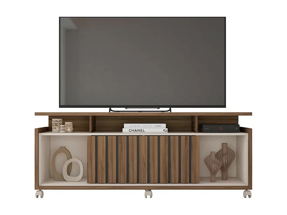 Meuble TV 65 Pouces Noyer et Blanc 7 Niches 6 Roulettes L 160 H 63.4 P 38 cm