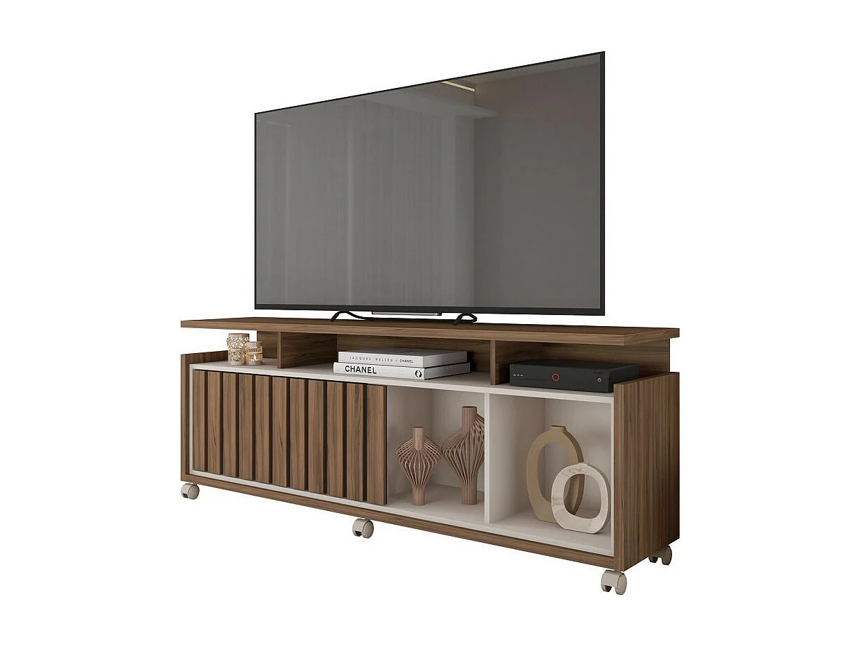 Meuble TV 65 Pouces Noyer et Blanc 7 Niches 6 Roulettes L 160 H 63.4 P 38 cm