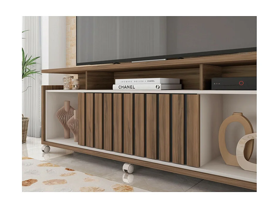 Meuble TV 65 Pouces Noyer et Blanc 7 Niches 6 Roulettes L 160 H 63.4 P 38 cm