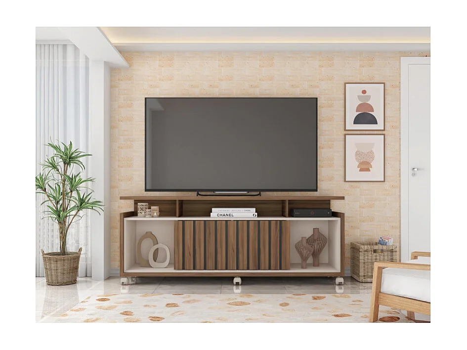 Meuble TV 65 Pouces Noyer et Blanc 7 Niches 6 Roulettes L 160 H 63.4 P 38 cm